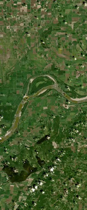 Hickman, Kentucky forms the letter A in Landsat imagery