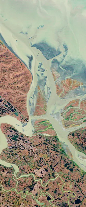 Yukon Delta, Alaska forms the letter A in Landsat imagery