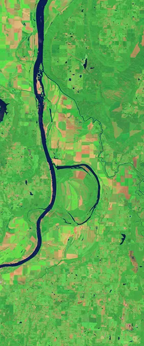 Holla Bend, Arkansas forms the letter B in Landsat imagery