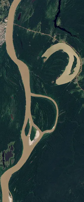 Humaitá, Brazil forms the letter B in Landsat imagery