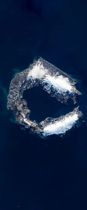 Deception Island, Antarctica forms the letter C in Landsat imagery