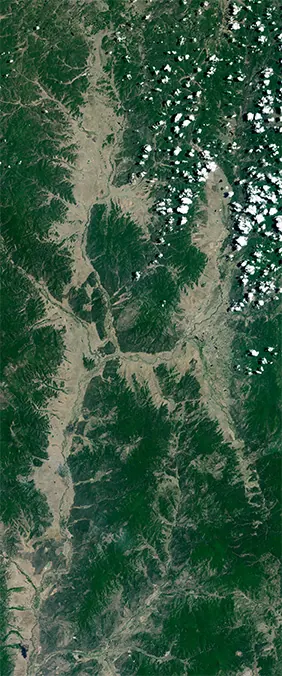 Khorinsky District, Russia forms the letter H in Landsat imagery