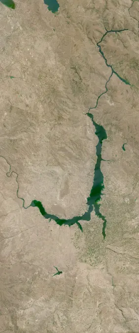 Karakaya Dam, Turkey forms the letter J in Landsat imagery