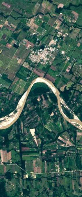 Yapacani, Bolivia forms the letter N in Landsat imagery