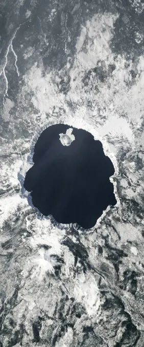 Crater Lake, Oregon forms the letter O in Landsat imagery