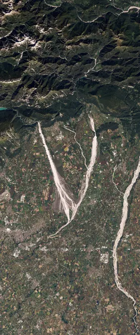 Cellina and Meduna Rivers, Italy forms the letter V in Landsat imagery